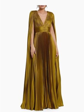Mac Duggal Olive Gold Pleated Cape Maxi Gown